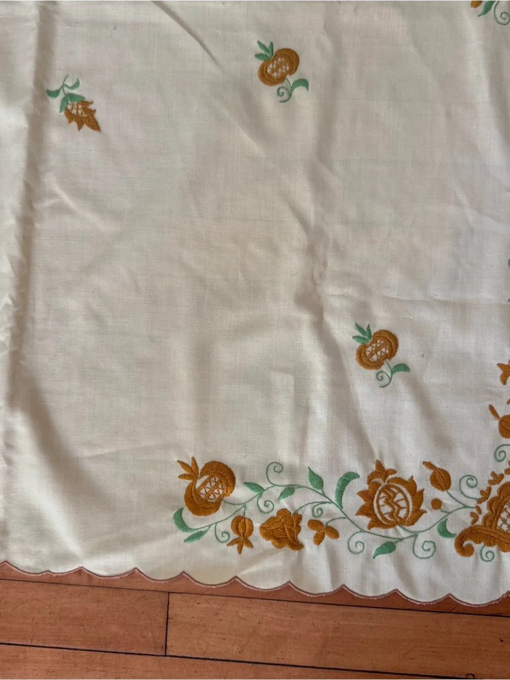 Vintage Floral Yellow gold & Green cotton tablecloth embroidered crewel large